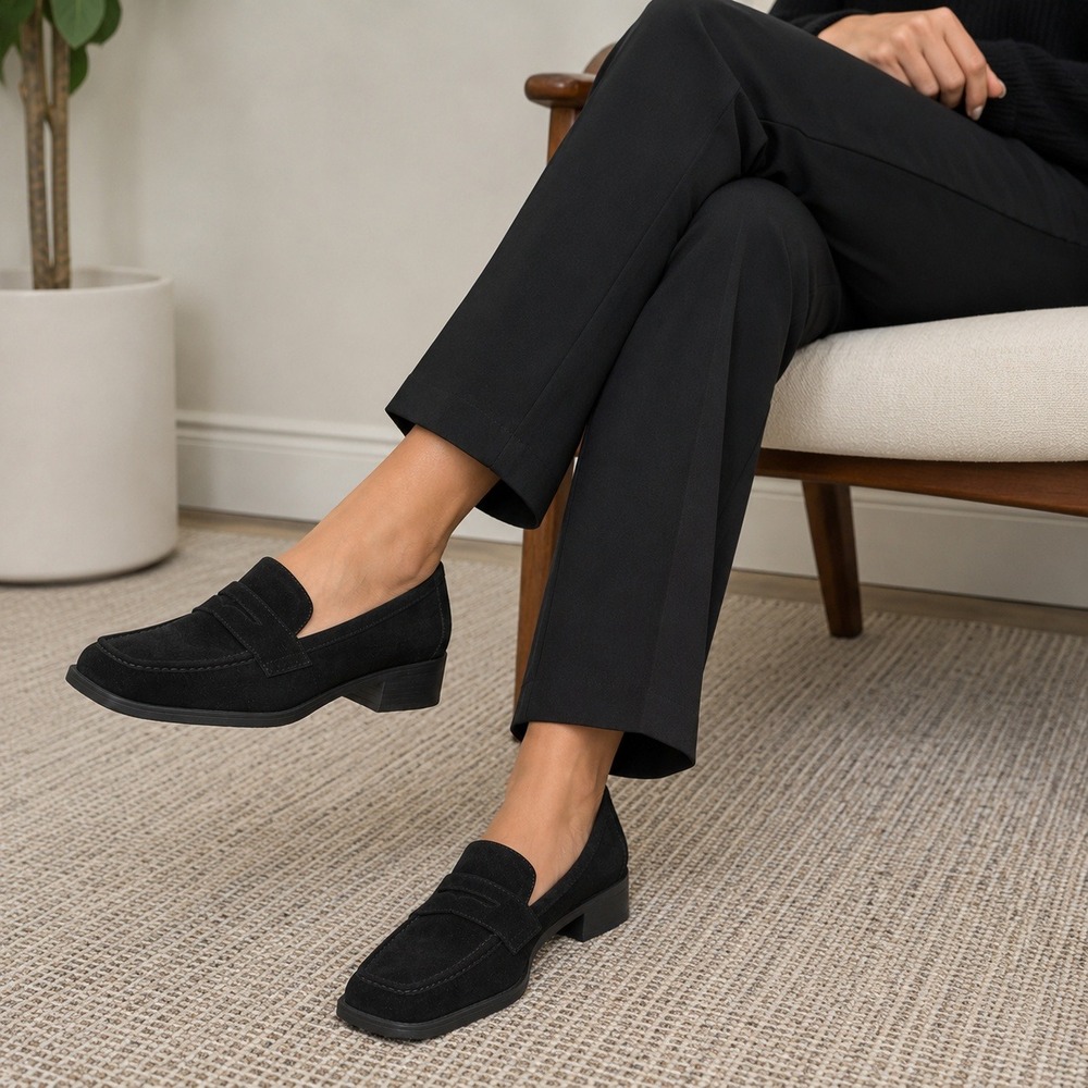 Ann Taylor LOFT Black Suede Penny Loafers Square Toe Block Heel Women's Size 7M‎